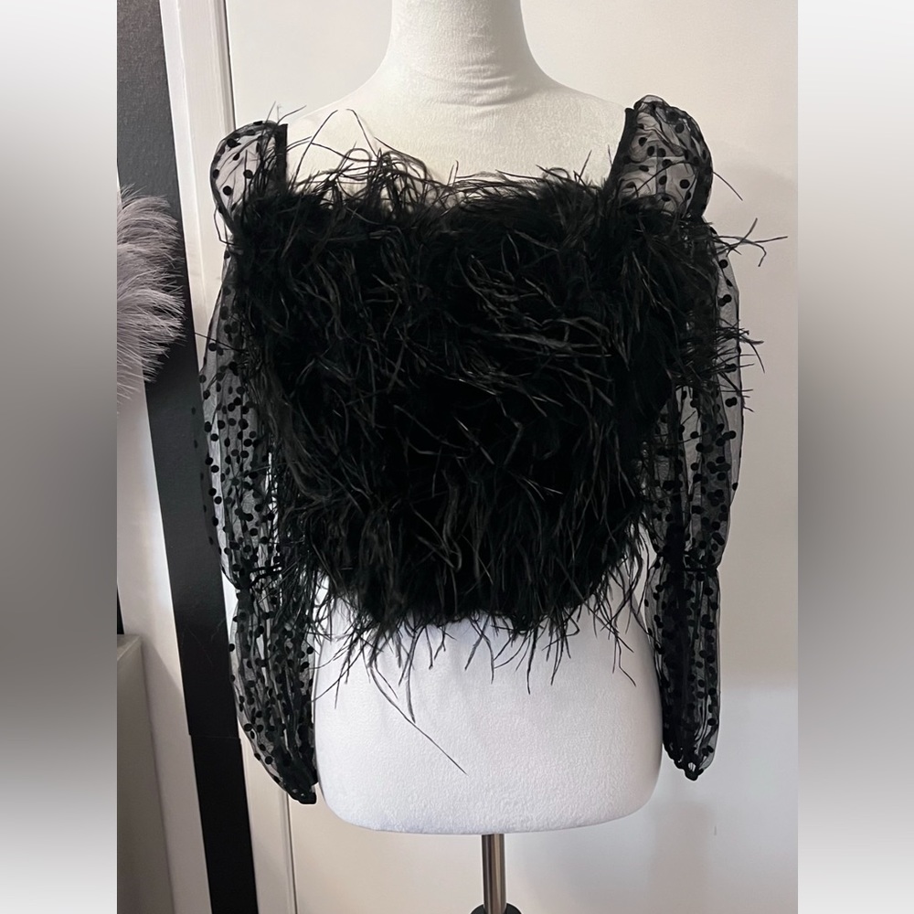 Black Ostrich Feather and Sheer Puff Polka Dot Sleeve Top - NWT